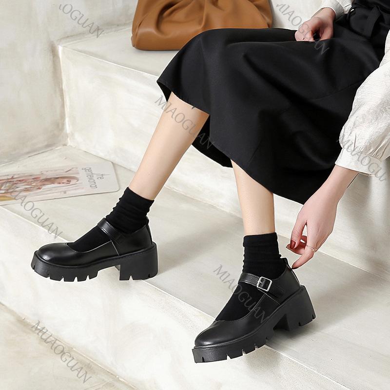 Модные туфли Мэри Джейн с круглым носком, женские туфли на толстом высоком каблуке в японском студенческом стиле, туфли-лодочки, одинарная обувь, платформа, ретро, кожаные, черные лоферы