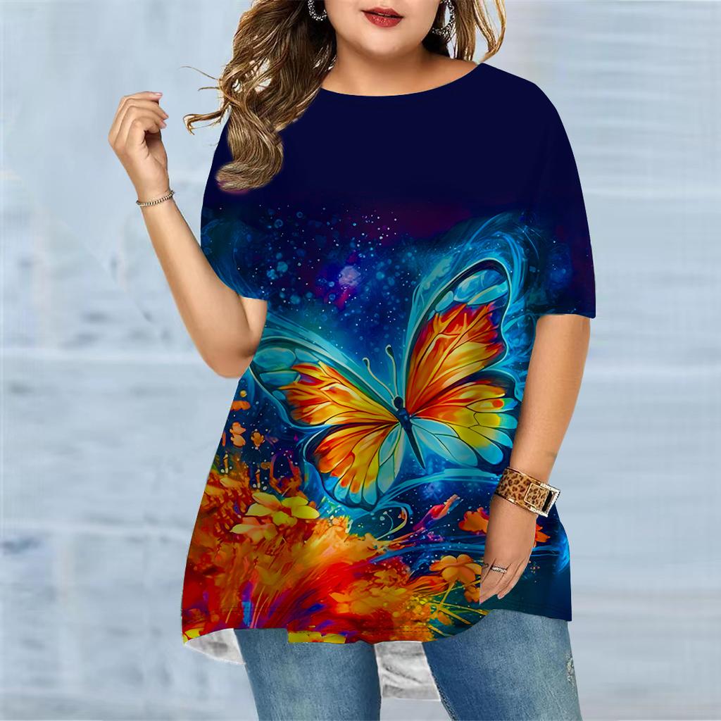 Plus Size Women's Summer Colorful Butterfly Print Comfortable Short Sleeved Round Neck T-shirt Casual Baggy Medium Length T-shirt