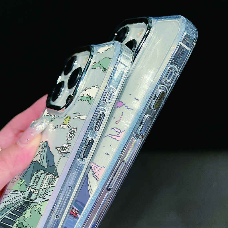 Мягкий чехол TPU с рисунком мультяшной анимационной сцены для iPhone 16 Pro Max 15 Plus 14 13 Pro 12 11 с покрытием рамки линзы прозрачный противоударный защитный чехол для телефона