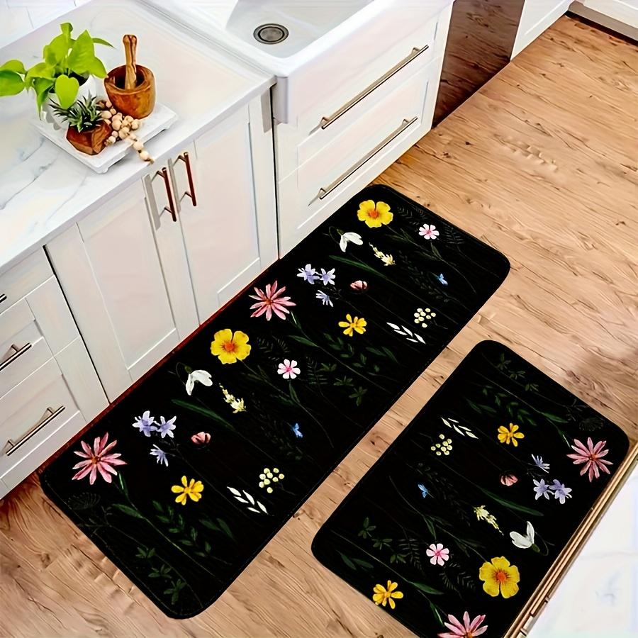 1 шт. Коврик для пола с цветочным узором черного цвета, Современный кухонный полиэстеровый коврик, Нескользящий красочный ковер для помещений, Для домашнего декора ванной комнаты, спальни, гостиной