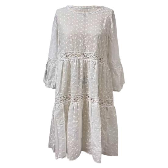 Женское платье, кружевное, с открытой вышивкой, с рукавами три четверти, однотонное, свободное, до колена, свободное, трапециевидное, с круглым вырезом, миди-платье