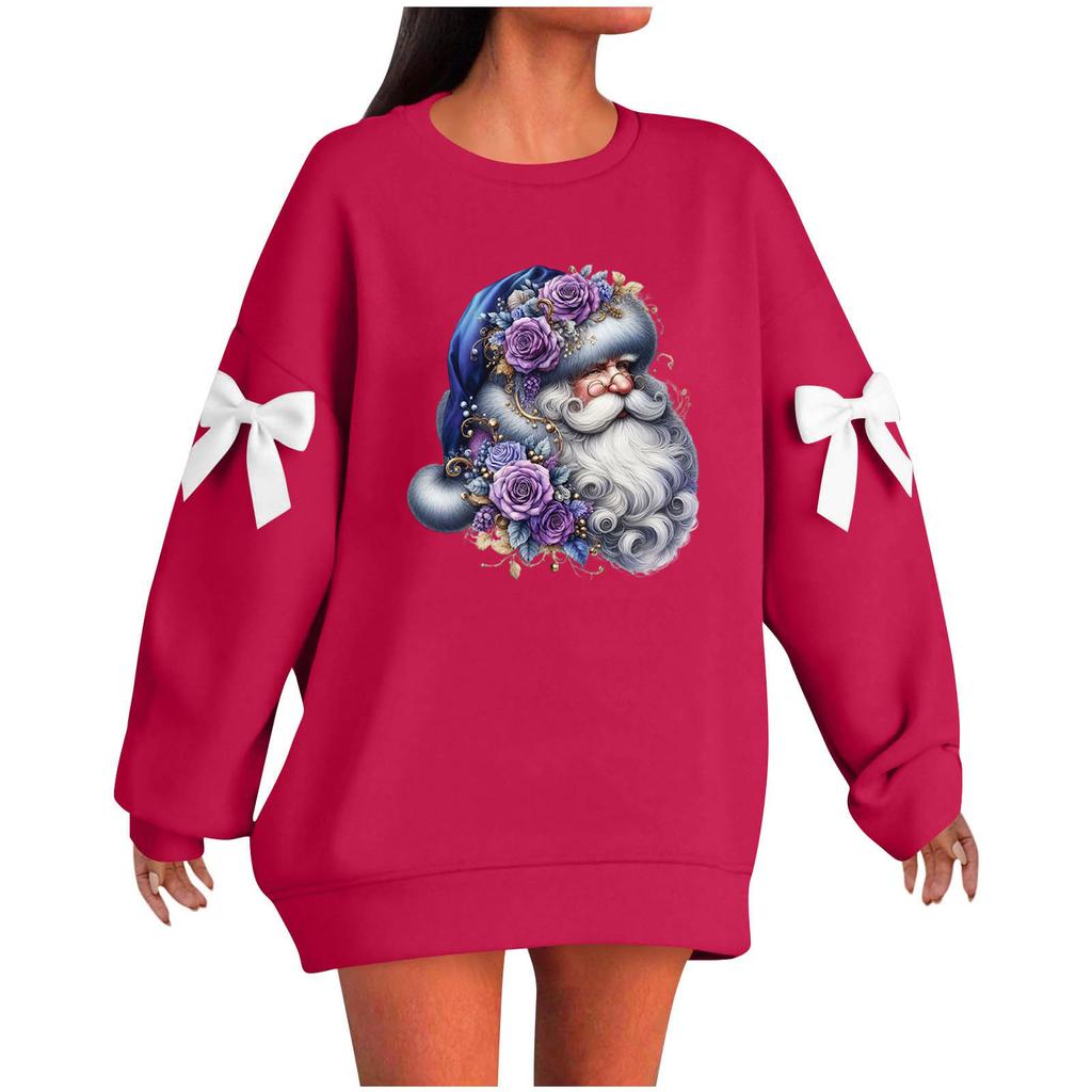 Ladies' Christmas Printed Bow Round Neck Long Sleeved Loose Pullover Sweater Sweatshirt Top