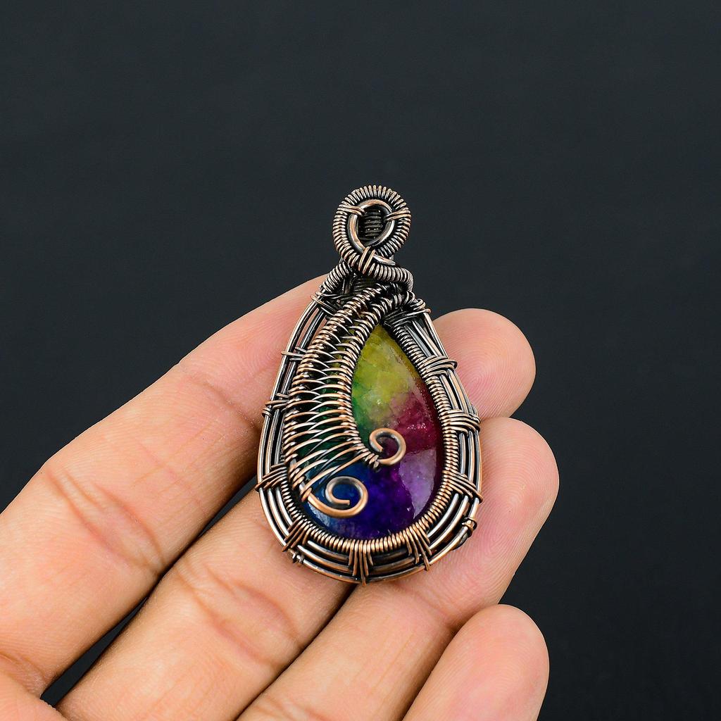Rainbow Solar Quartz Gemstone Pure Copper Wire Wrapped Handmade Pendant Jewelry For New Year Gift
