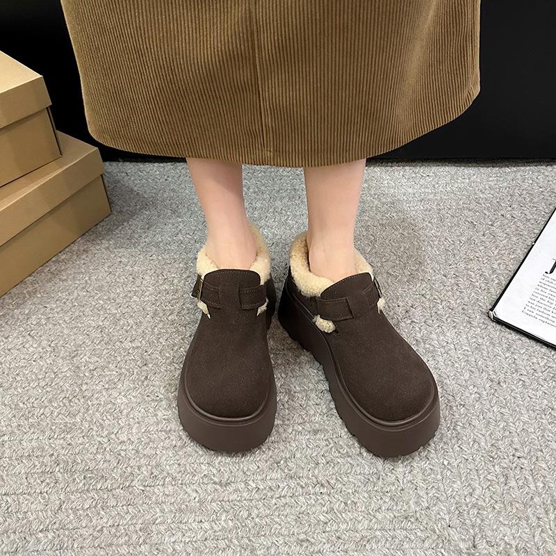 Ретро пушистые женские зимние новые ленивые туфли на одной педали, теплые, на толстой подошве, из вельвета и хлопка