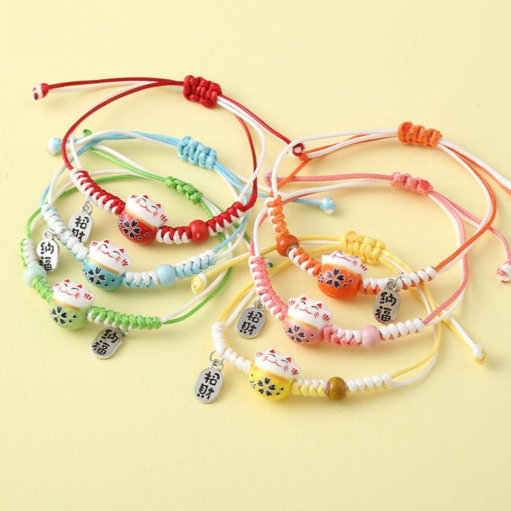 Ручная веревка Красная плетеная веревка Двухцветный женский ручной браслет Милый Манеки-неко Женский