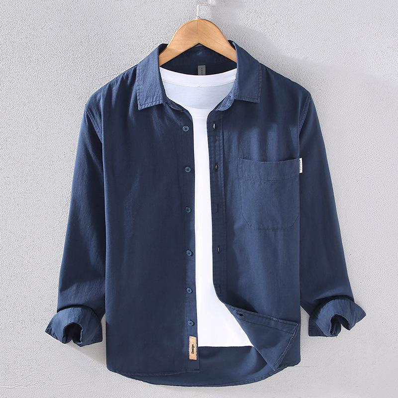 Повседневные мужские рубашки в японском стиле, весна-осень, мужские топы, повседневная однотонная рубашка с отложным воротником, рубашка из чистого хлопка на пуговицах