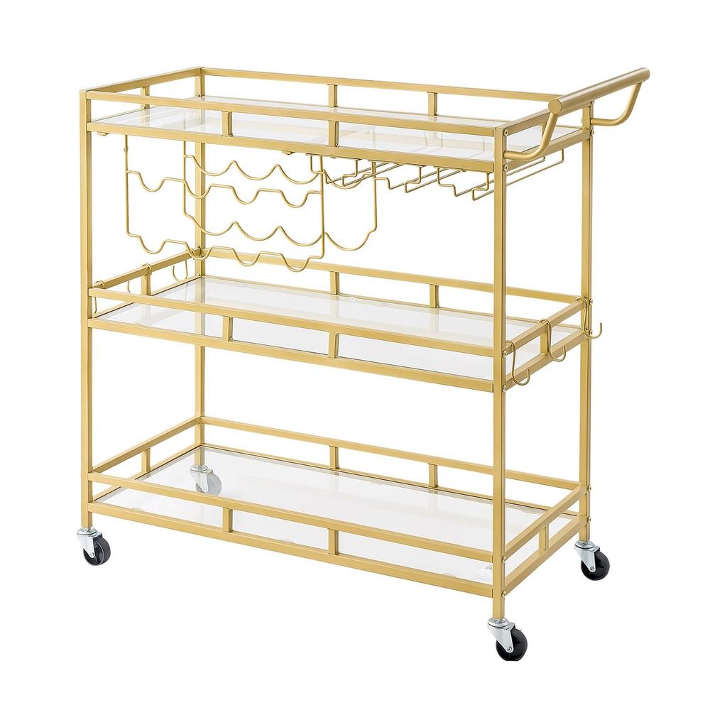 Bar Cart, 3 Tiers Home Kitchen Serving Carts, Modern Rolling Utility Station on Wheels, Drink Beverage Trolley with Tempered Glass Shelves, Wine Rack,