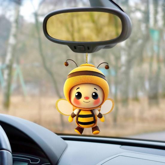 Cartoon Bee Pendant Double-Sided Print Acrylic Craft Handmade Cute Yellow Bee Christmas Tree Ornament for Home Office Car Wall Decoration