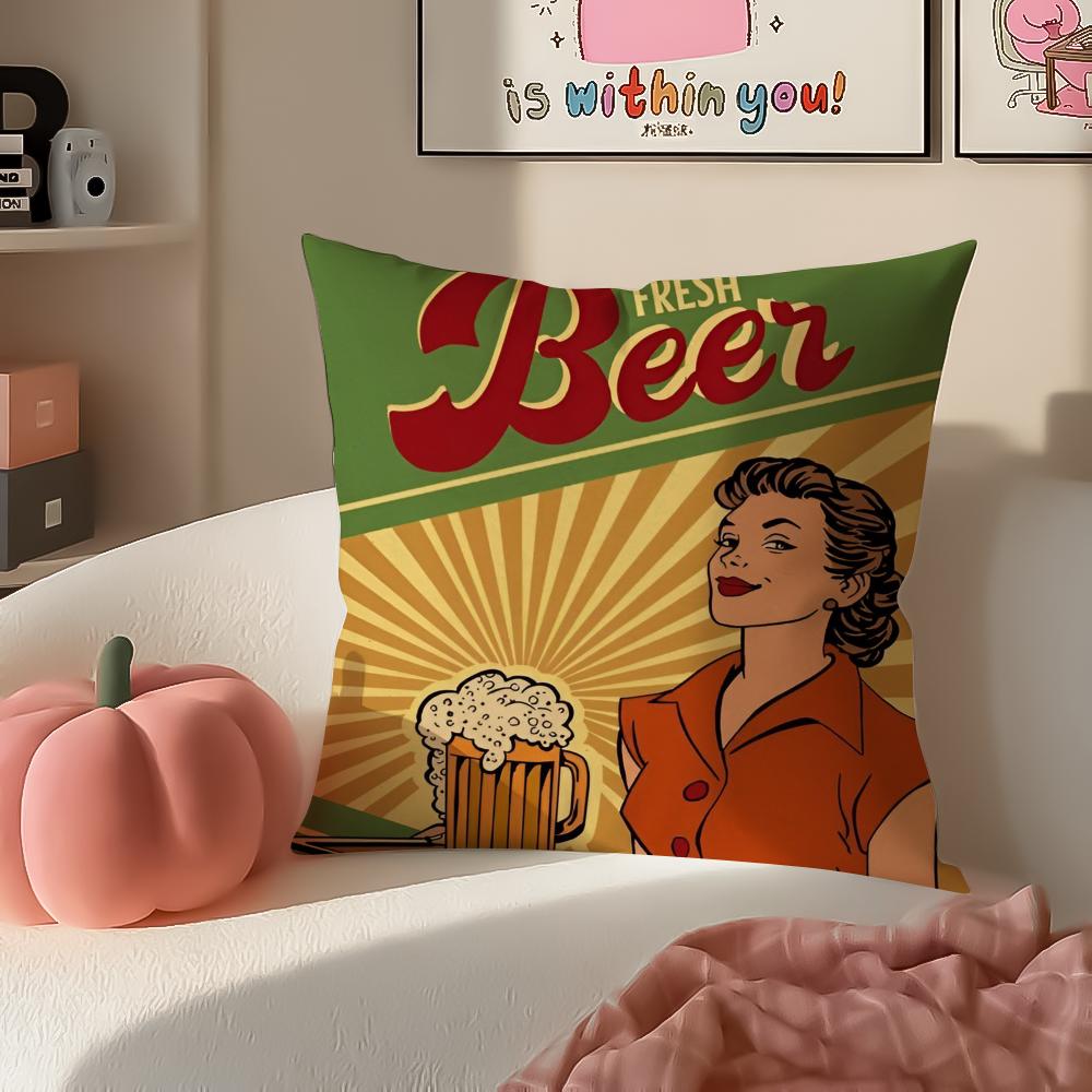Rustic Cozy Art Beer Wine Retro Style Cushion Cover Pillowcase Short Plush Invisible zipper Room Sofa Cushion Cover