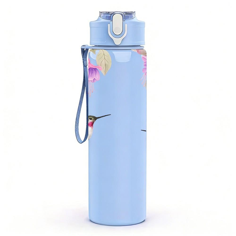 1PC Hummingbird Bird Pink Flower Print 750ml Color Plastic Sports Water Bottle Leakproof Flip Straw Lid Suitable for Sports Office Home Use