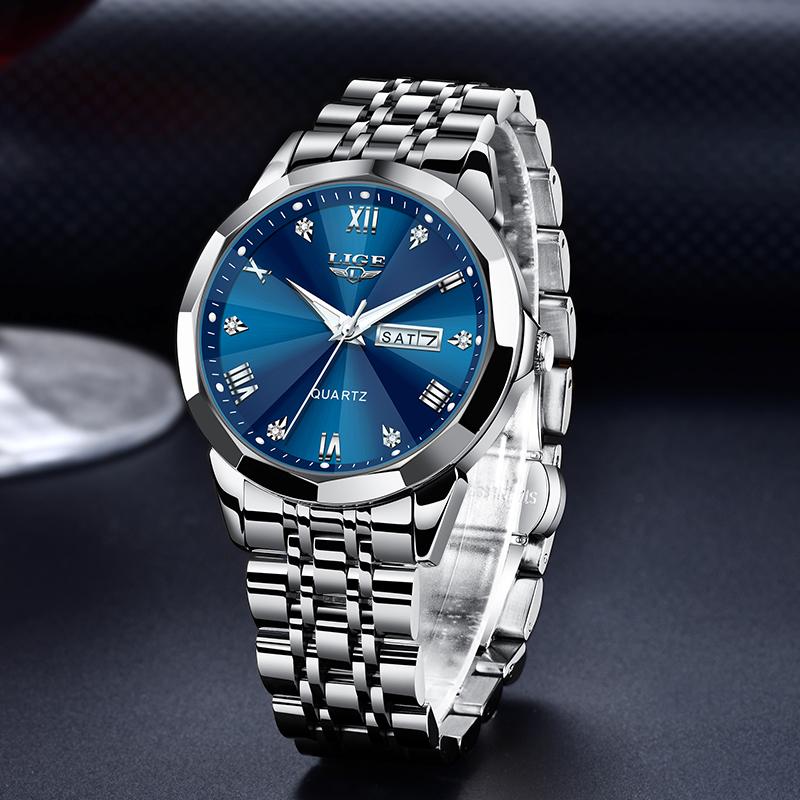 LIGE Новые мужские модные часы, роскошные деловые кварцевые часы из нержавеющей стали, водонепроницаемые часы, ночное свечение, дата, хронометр, часы