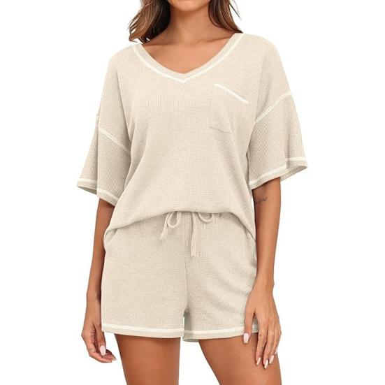 2 шт./компл. женский топ с шортами, комплект трикотажной вафельной текстуры с короткими рукавами, V-образным вырезом, дышащий, свободный, на шнурке, с эластичной резинкой на талии, домашняя одежда, спортивная одежда, лето