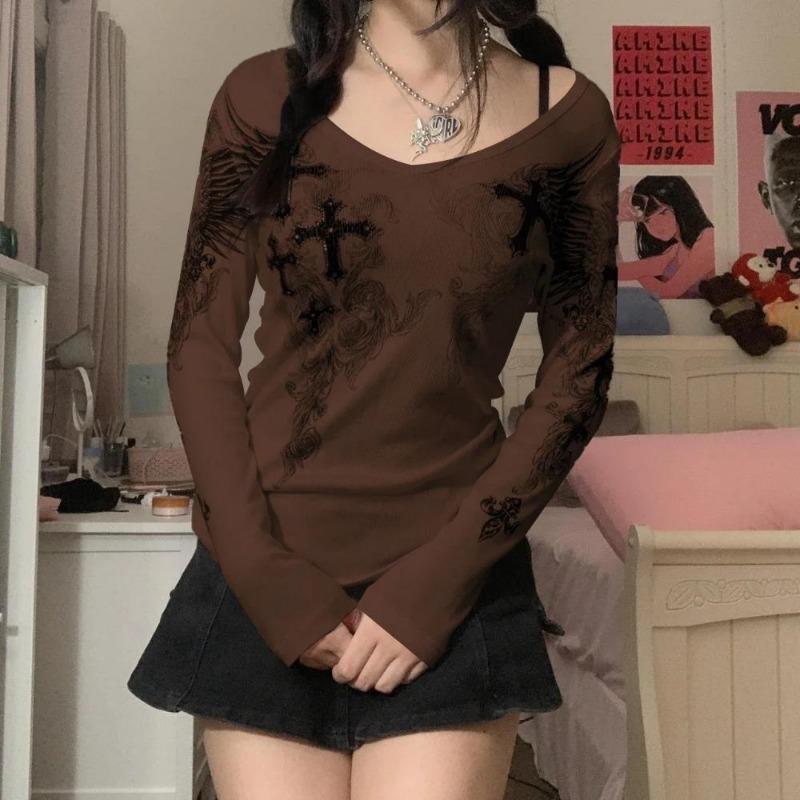 2KWEIRD Y2k Графический принт креста и крыльев Женская футболка с длинным рукавом Гранж Фея Футболка Харадзюку Эстетика 2000-х Панк Стиль Одежда Уличная одежда