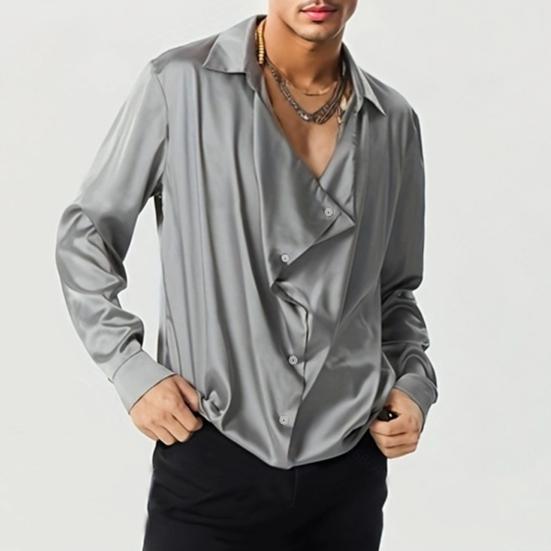 Мужская рубашка для вечеринок, свободная, с длинным рукавом, сатиновая, тонкая, во французском стиле, однотонная, с лацканами, однобортная, повседневная рубашка