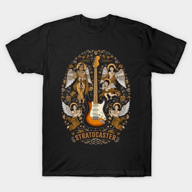 Азиатский размер Мужская черная футболка с принтом Stratocaster, Fender, Электрогитара Печать методом термопереноса без вырезки Хлопковая футболка