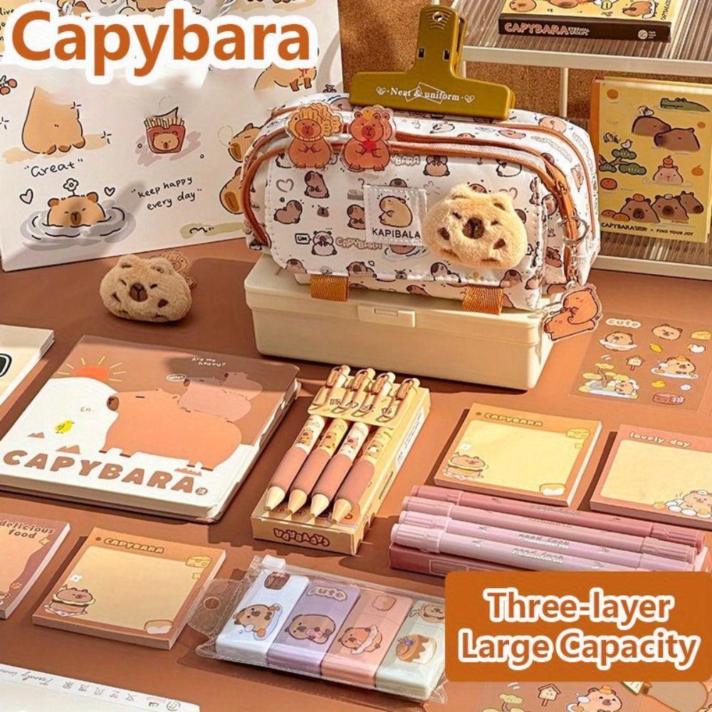 Мультяшная трехслойная сумка для ручек Capybara Большая вместительная канцелярская сумка Многофункциональный пенал для мальчиков/девочек