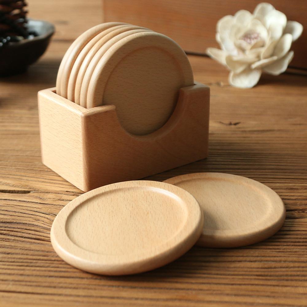 6pcs/set Non-slip Wood Coaster Round Insulated Placemat Durable Teacup Mat Dish