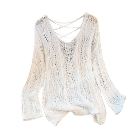 Women Knitting Hollow Design Tops V-Neck Straps Collar Long Sleeve Pullover Tops Solid Color