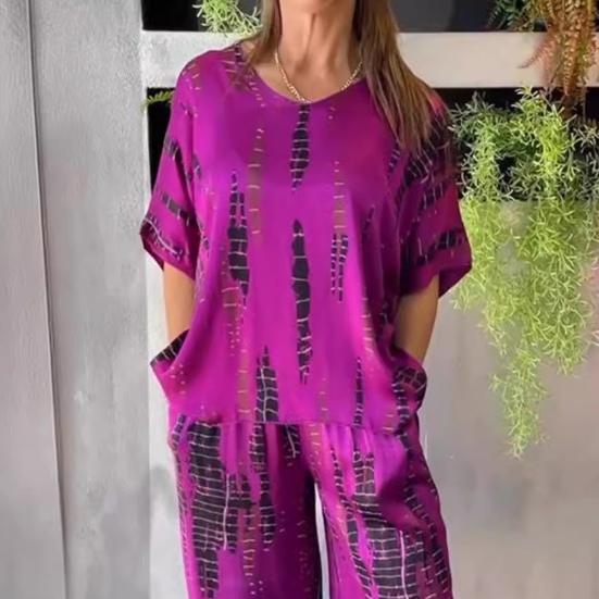 Женский комплект из двух предметов больших размеров, летний повседневный, с круглым вырезом и коротким рукавом