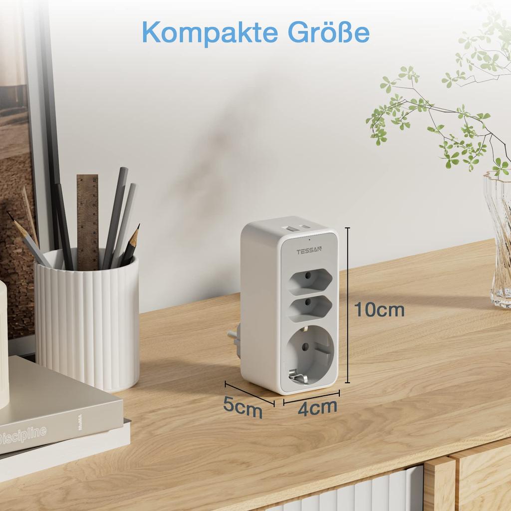 Tessan Компактная розетка с 2 портами USB, адаптером европейского стандарта 3 в 1 с защитой от перегрузки для офиса, дома, путешествий