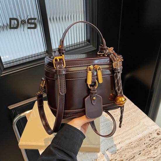 Crossbody Bag Bucket Shape Faux Leather Bell Rope Decor Handbag Vintage Zipper Closure Smooth Surface Shoulder Bag for Work Party Travel