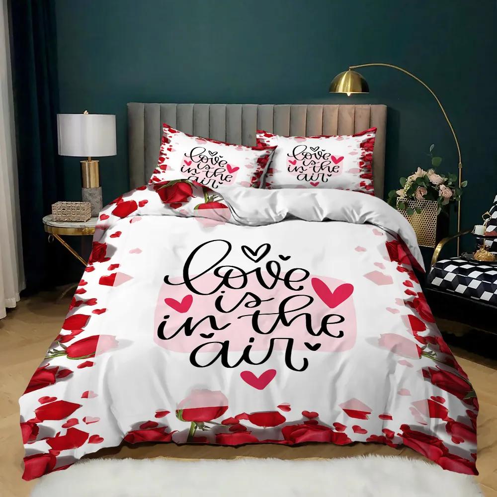 Comforter Love Heart Red Purple Rose Flower Bedding Set Comforter Valentine'S Day Present Couple Lover Bedroom