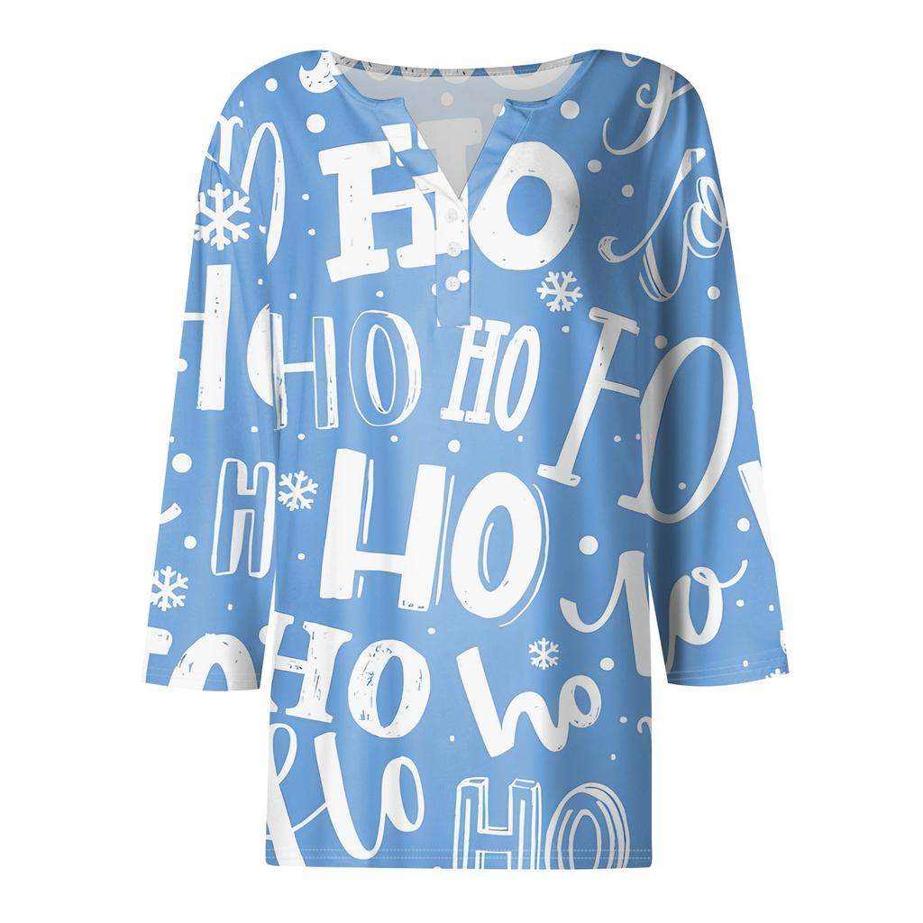 Женская футболка с рождественским принтом, на пуговицах, рукав 3/4, повседневная мода на выходные, базовый топ с V-образным вырезом