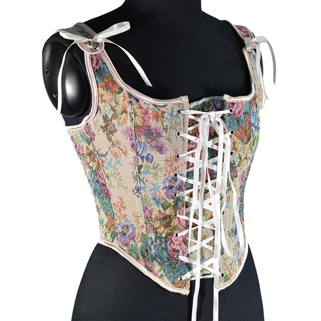Womens Sexy Bustier Corset Top Eyelet Lace-up Floral Print Push Up Crop Tops Vintage Tank Top Party Clubwear Bodice