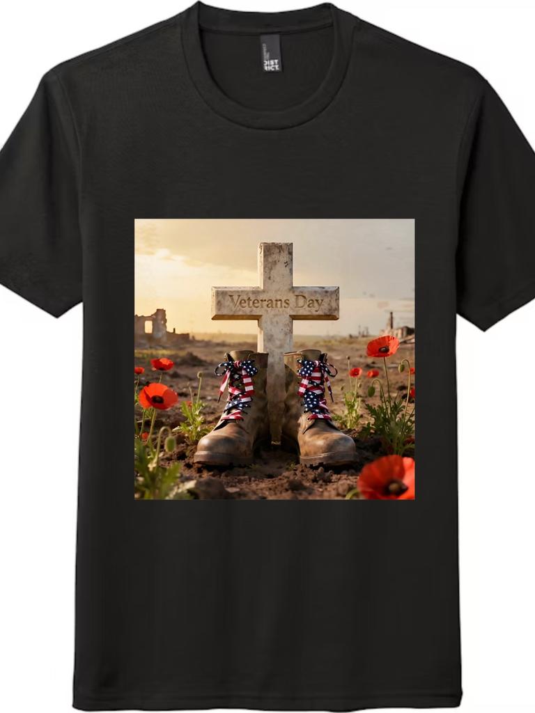 Veterans Day Cross and Boots Graphic T-Shirt Mens Womens Tees Top