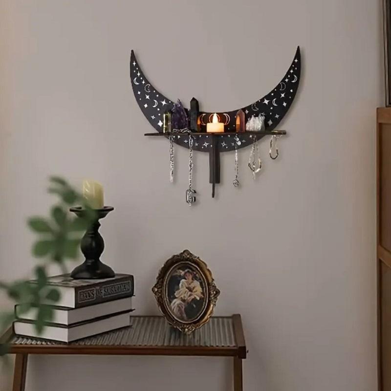 Деревянная настенная полка в стиле бохо в форме полумесяца для декора кристаллов и подсвечников