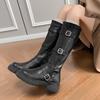 Узкие сапоги детские 2025 осень и зима популярные квадратная пряжка круглый носок толстый каблук сапоги-рыцари ретро западный стиль сапоги