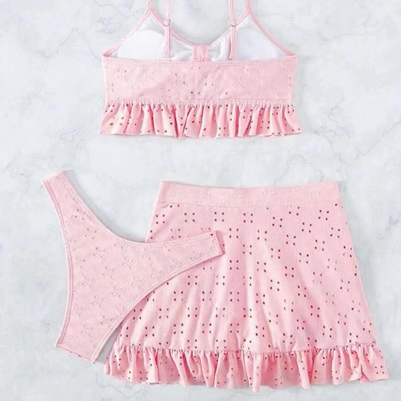 Solid Bikini Set High Waist Mesh Beach Style Swimwear Women Three-piece Flounce Summer Swimsuit Biquini Bathing Suit