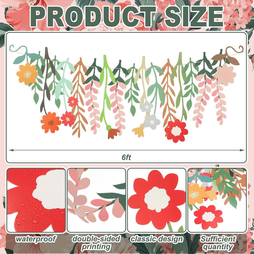 Yeaqee 2 Pcs Flower Banner Garland Double-Sided Colorful Waterproof Flower Birthday Party Decoration Paper Backdrop for Birthday Wedding Baby