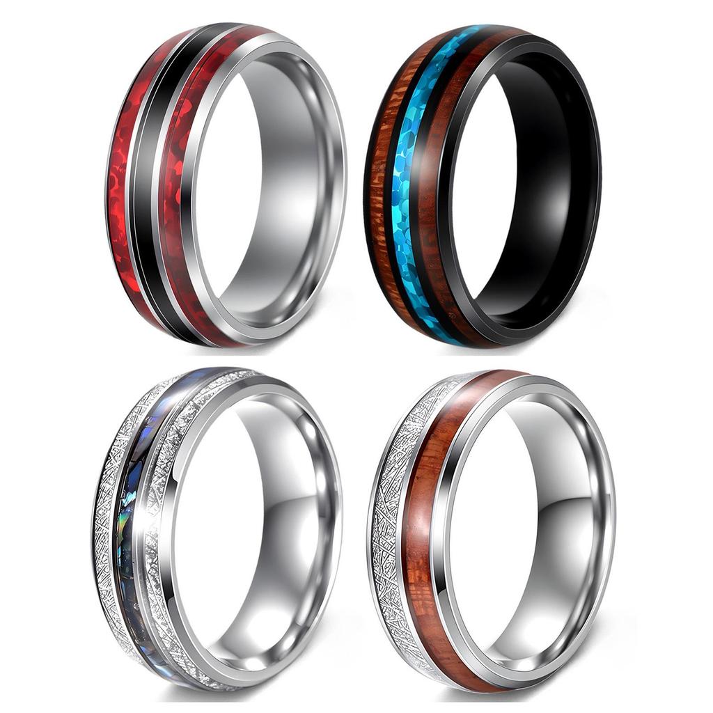 Мужское кольцо из титановой стали с инкрустацией из древесины акации и перламутра