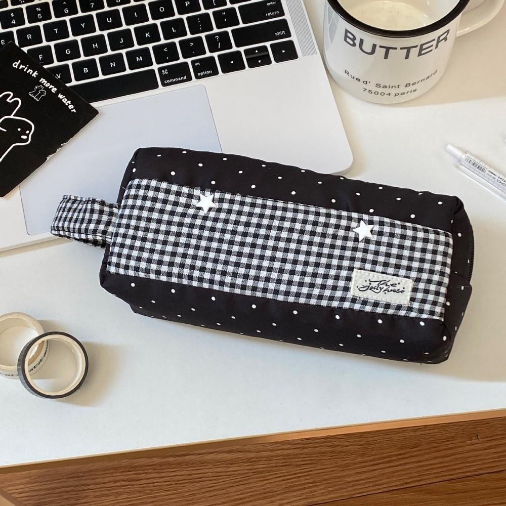 Makeup Bag Plaid Cloth Pencil Case Large Capacity Pen Storage Bag Handheld Pencil Bag Children
