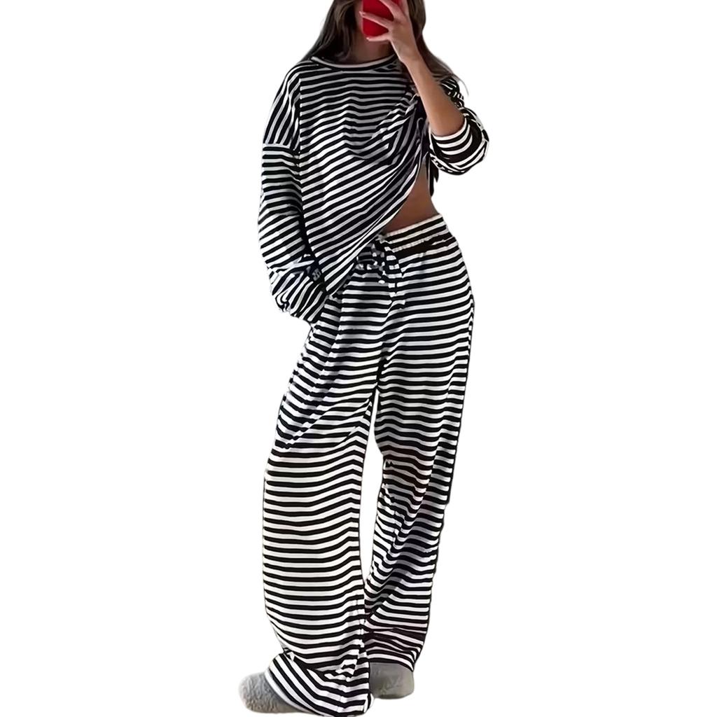 Women's Striped Long-Sleeve Top & High-Waisted Pants Fashion Casual Set