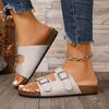 Модные плоские тапочки Осень Новые Круглый носок Открытый носок Металлическая пряжка Толстая подошва Нескользящие Износостойкие Шлепанцы