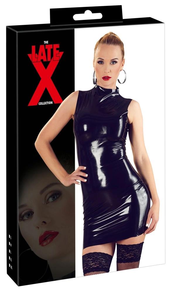 LATE X - Black Latex Mini Dress With Small Collar L