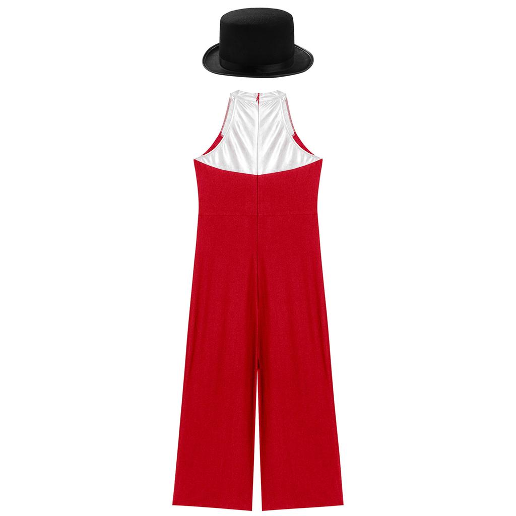 Девочки Джазовый Танцевальный Костюм Металлический Пэчворк Комбинезон Стразы Цветные Блоки Без Рукавов Боди Фетровая Цилиндр