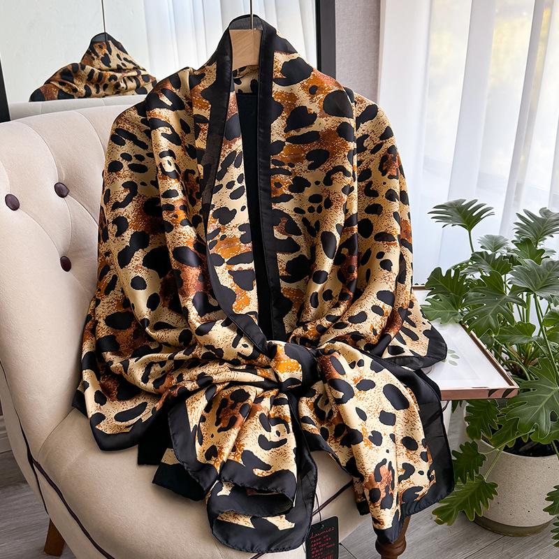 Summer Silk Scarf Female Imitation Silk Printing Long Scarf Lijing Forging Thin Shawl With Decorative Leopard Print Beach Towel