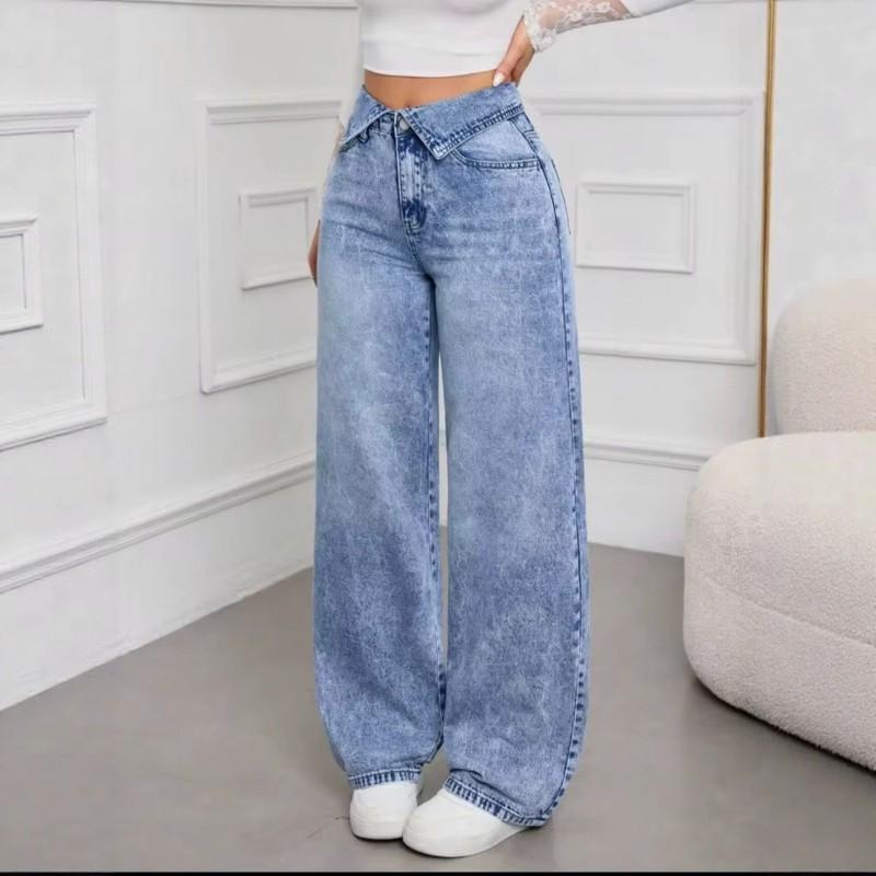 2026 High-Waisted Wide-Leg Straight Jeans Women Light Blue Denim Streetwear Oversized Tapered Pants