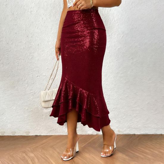 Женская юбка миди Сексуальный облегающий дизайн Скрывающая бедра Однотонная юбка для вечеринок Блестящая Заниженная талия Рюши по подолу Юбка «рыбий хвост» Повседневная одежда