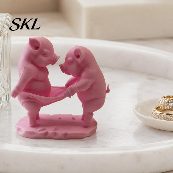 Double Pig Pulling Figure Ornament, Mini Size 3D Printed Figurine, Miniature Animal Ornament Funny Healing Desktop Decorative Sculpture, for