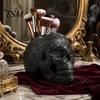 Artistic Resin Figurine Halloween Skull Makeup Brush Holder, Matte Black Gothic Skeleton Pen Organizer Spooky Home Decorations for Desk, Storage