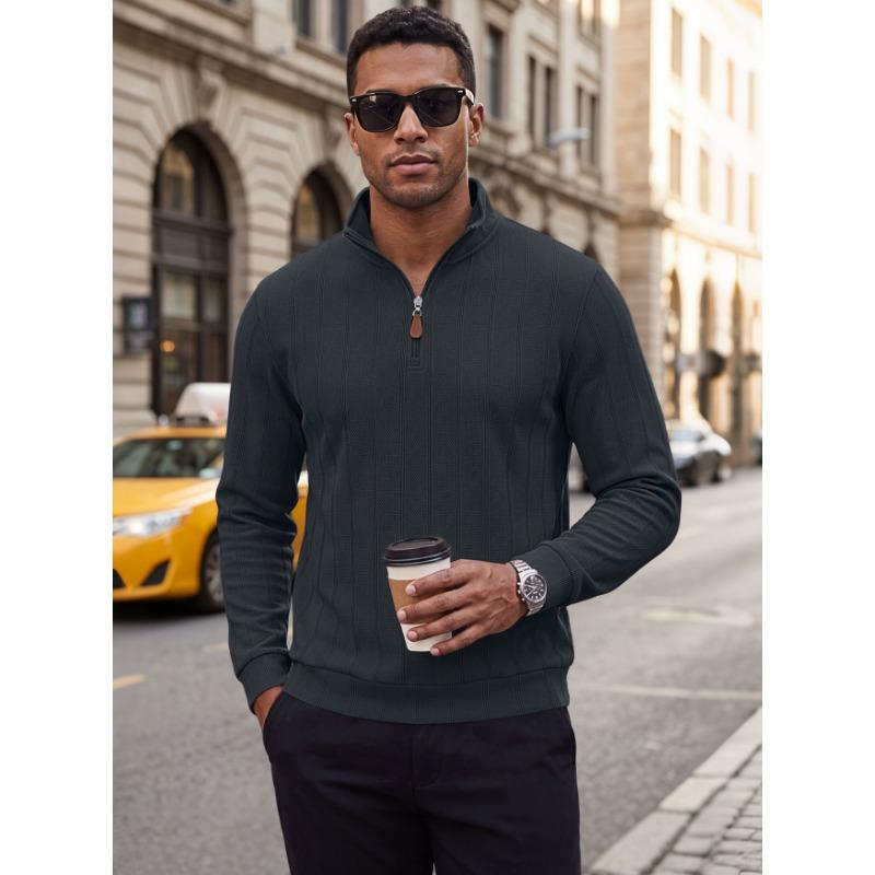Men S Striped Waffle Knit Half Zip Stand Collar Long Sleeve Casual Pullover Sweatshirt