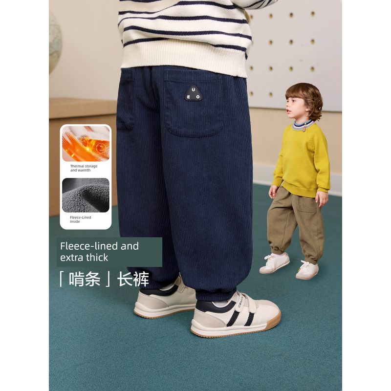 Right European Style Boys' R Series Thickened Trousers with Fleece, Warm Casual Pants, New Winter Children's Clothing for Babies