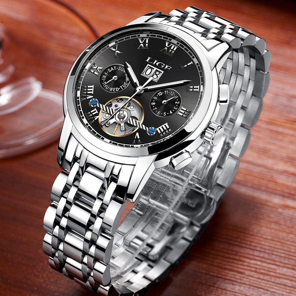 Механические часы LIGE из нержавеющей стали с автоматическим механизмом, водонепроницаемые, глубина 30 м, дисплей даты, деловые, повседневные, аналоговые, с полым маховиком, серебристые