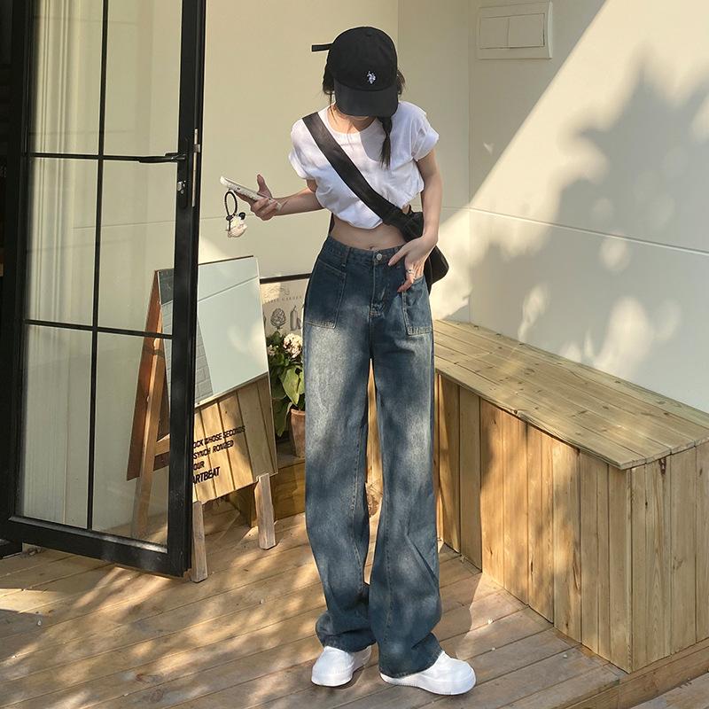 Retro Trend Women's Jeans Straight Tube High Waist Loose Thin Wide Leg Pants