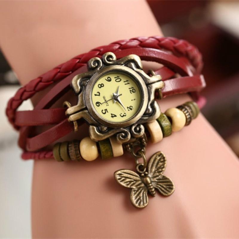 Винтажные часы из коровьей кожи, женские модные часы с бабочками и бусинами, кварцевые наручные часы