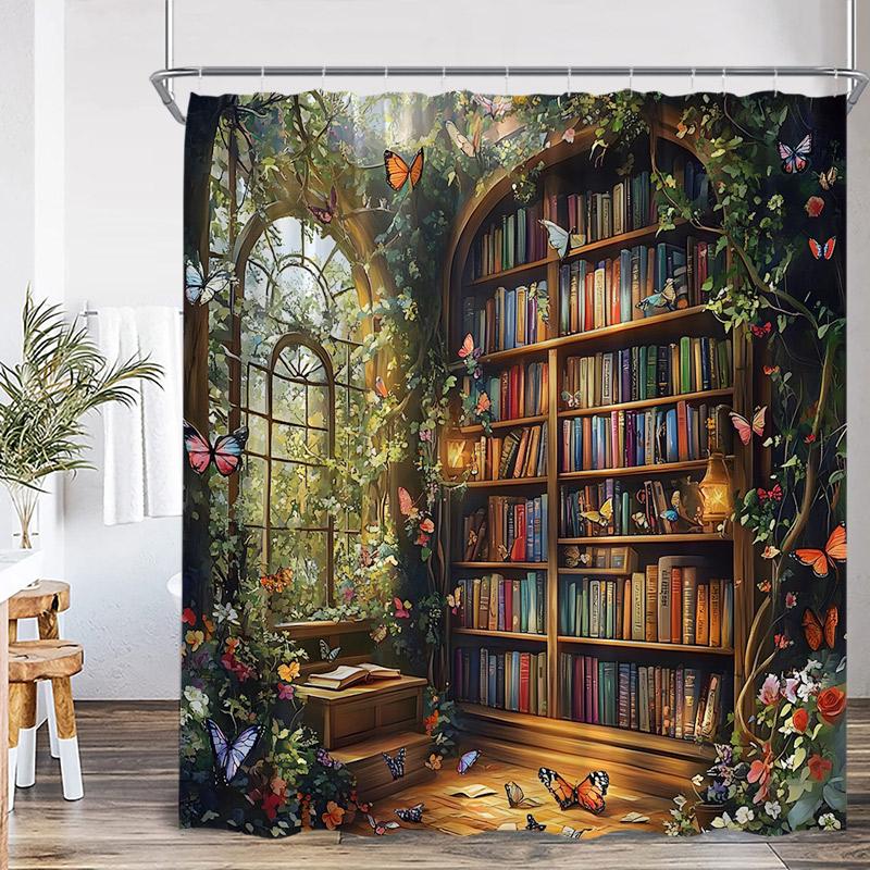 Винтажная книжная полка Шторки для душа Зеленые виноградные листья Цветочный Череп Ретро Книги Современный Полиэстер Ткань Домашняя Ванная Комната Шторка Декор